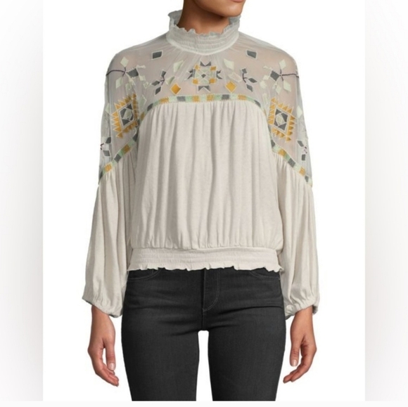 🎉Host Pick🎉 Free People Embroidered mesh top size large - Picture 1 of 10